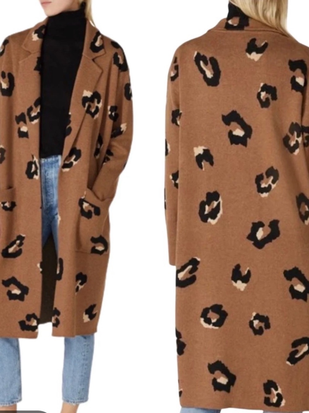 J.Crew Ella Leopard Long Sweater Blazer Womens Small Camel Open Front Pockets - Picture 2 of 9